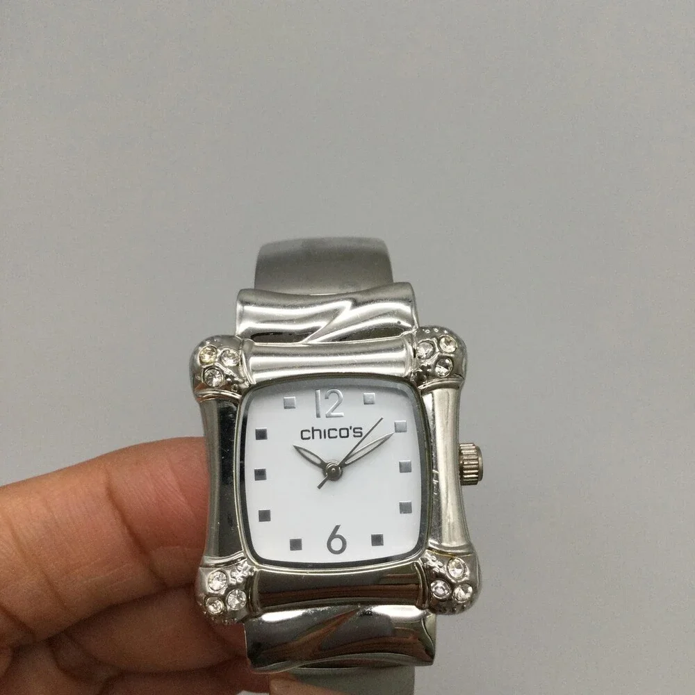 Chico's Womens Watch 30mm Square Silver Tone Open Cuff Rhinestone New Battery
